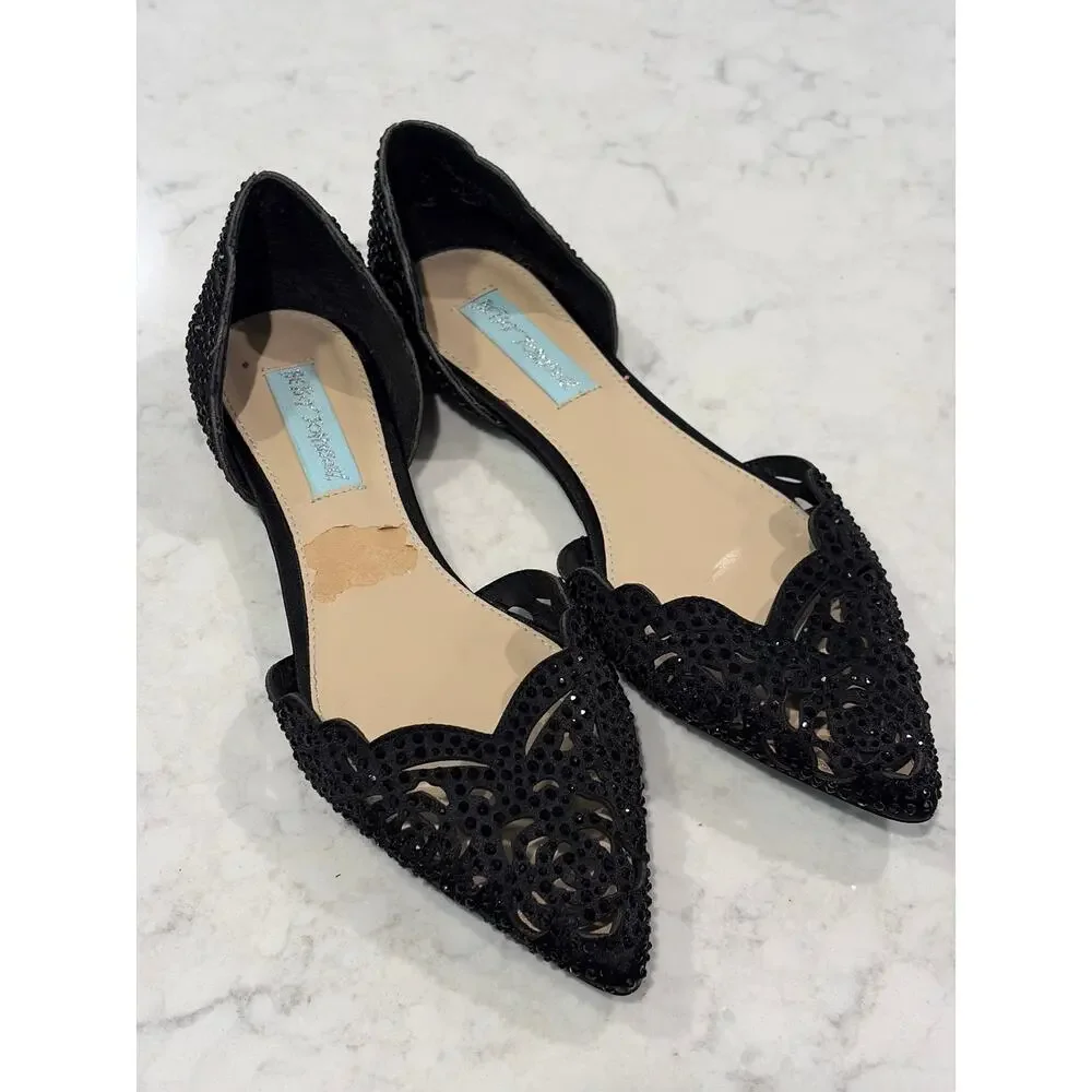 Betsey Johnson Women’s Lucy Beaded Fancy Laser-Cut D'Orsay Flats Size 7 Black